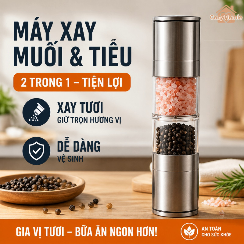 cối xay tiêu muối 2 đầu xay tay inox lưỡi ceramic hũ gia vị nhà bếp tiện dụng dễ vệ sinh