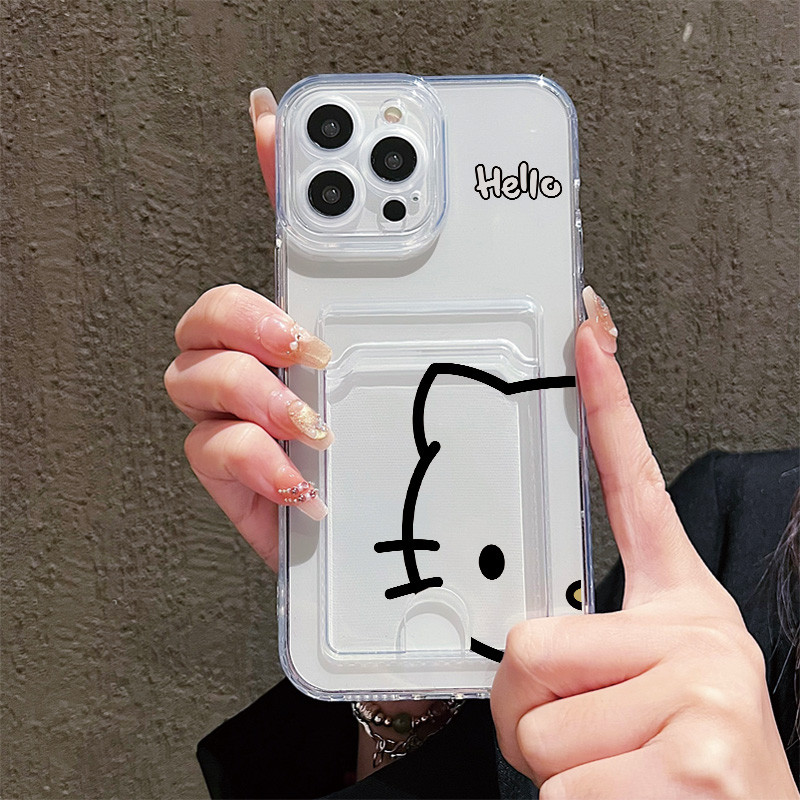 Ốp Điện Thoại Trong Suốt Có Giá Đỡ Thẻ Cho OPPO A6 Pro A15 A16 A54 A76 A3S A12E A5S A12 A5 A9 2020 A52 A72 A92 A53 A3 A16K A5X A17 A38 A58 A78 4G Kawaii Kitty Face