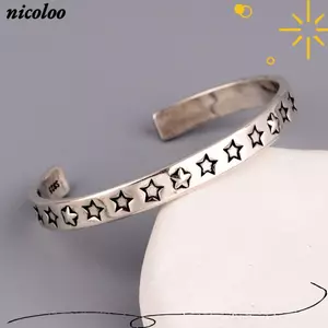 Vòng tay nam NICOLOO, Vòng tay mở cổ điển trung tính họa tiết ngôi sao, Trang sức vòng tay màu bạc thủ công thời trang