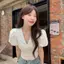 Áo sơ mi nữ tay phồng cổ chữ v kiểu Pháp mùa hè phong cách mới eo hẹp thon gọn hơn Áo sơ mi ngắn