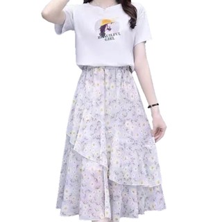 Đầm voan tươi tắn và thanh lịch dành cho nữ, phong cách mùa hè mới, ngọt ngào và sang trọng, bộ hai mảnh in hoa tôn dáng