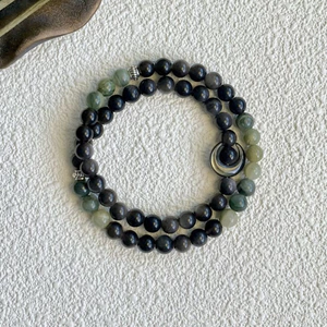 {Jifeng Langyue} Bạc Obsidian Cỏ Nước Mã Não Lưỡi Liềm Vòng Tay Tinh Tế Mới Phong Cách Trung Hoa Vỏ Bướm Đen Vòng Tay Đôi Vòng Tròn Nữ