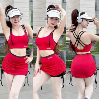 Set bộ tập Gym Yoga nữ, bộ thể thao chân váy dây rút áo hở lưng ôm body năng động cá tính nhiều màu