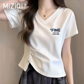 [MIZIQI] Áo thun cổ chữ V ngắn tay mùa hè dành cho nữ, xếp li mỏng hơn trông sang trọng hơn