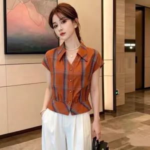 Áo sơ mi ngắn tay kẻ sọc thời trang cổ điển dành cho nữ mùa hè Phong cách mới hẹp dáng ôm hơn có ve áo phù hợp cho mọi trận đấu Tây nhỏ