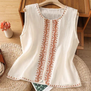 2025 Dopamine Mặc Không Tay Top Vải Lanh Cotton Camisole Màu Trơn Thêu Văn Học Phù Hợp Với Nữ 5.26