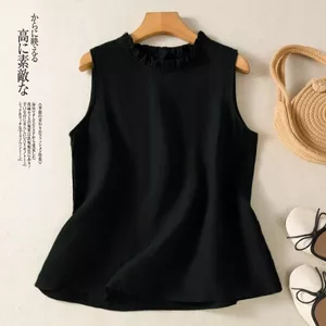Văn Học Retro Màu Trơn Phong Cách Đơn Giản Không Tay Top Năm nay Áo Vest Nấm Cạnh Cổ Vải Lanh Cotton Quần Áo Nữ 5.26