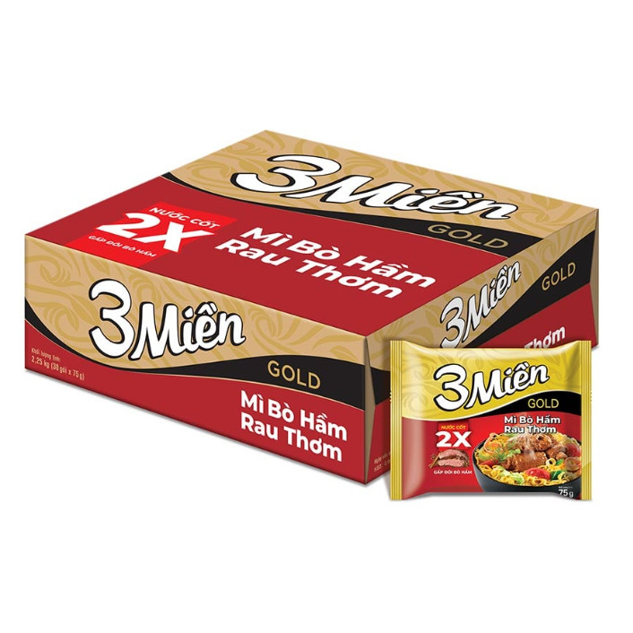 Thùng 30 gói - Mì 3 Miền Gold BÒ HẦM RAU THƠM (2X Nước cốt) 75g