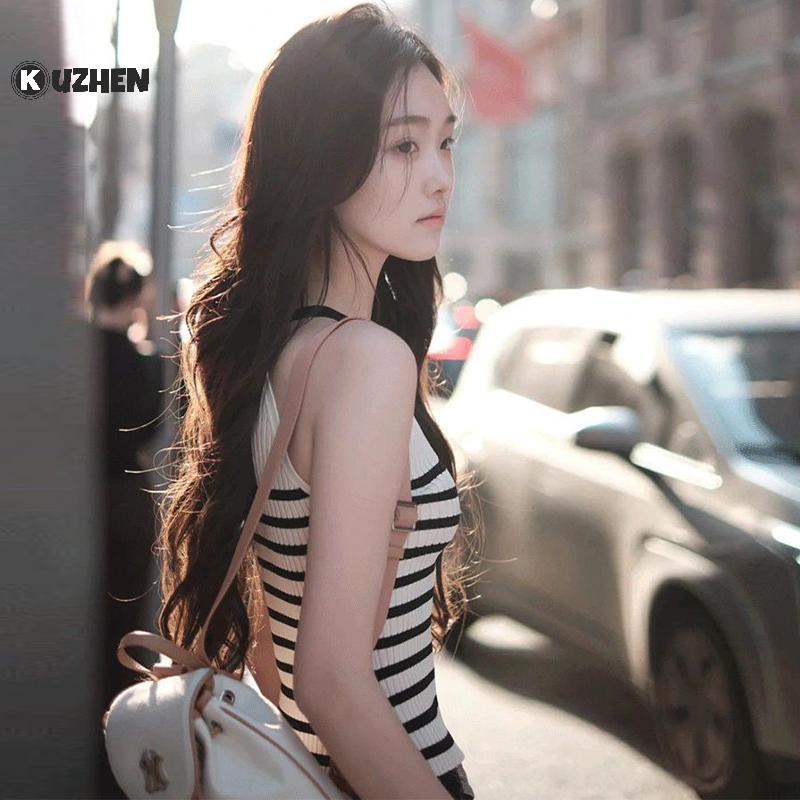 KUZHEN Sọc Áo Vest Nữ Không Tay Tròn Ne Casaul Kỳ Nghỉ Mùa Hè Vỏ Sang Trọng Áo HOT