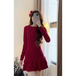 Váy sơ mi cổ tròn  body thêu nơ đuôi cá, Váy len tăm dài tay tiểu thư