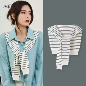 AqToCna Hàn Quốc Sọc Dệt Kim Khăn Choàng Xuân Thu Nữ Áo Vai Cổ Giả Mũi Thắt Nút Khăn Choàng Nhỏ AqToCna