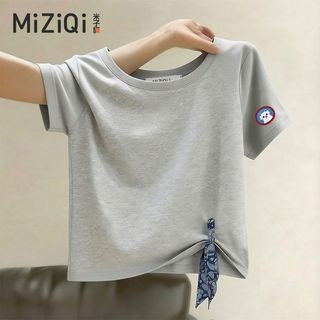 【MIZIQI】áo kiểu nữ Áo thun nữ ngắn tay có khăn lụa, áo cổ tròn giảm béo mùa hè