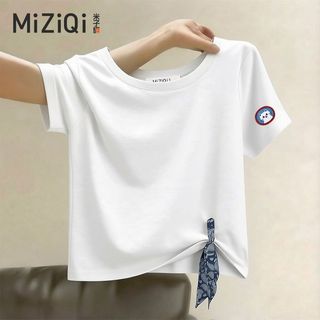 【MIZIQI】áo kiểu nữ Áo thun nữ ngắn tay có khăn lụa, áo cổ tròn giảm béo mùa hè