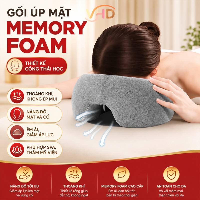Gối úp mặt Memory Foam – Thiết kế công thái học, thoáng khí, massage mặt và cổ toàn diện