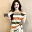 Bộ đếm mùa hè dành cho nữ Phong cách mới thắt nút không đều Cổ tròn sọc tay ngắn Vỏ bọc bụng Slimm