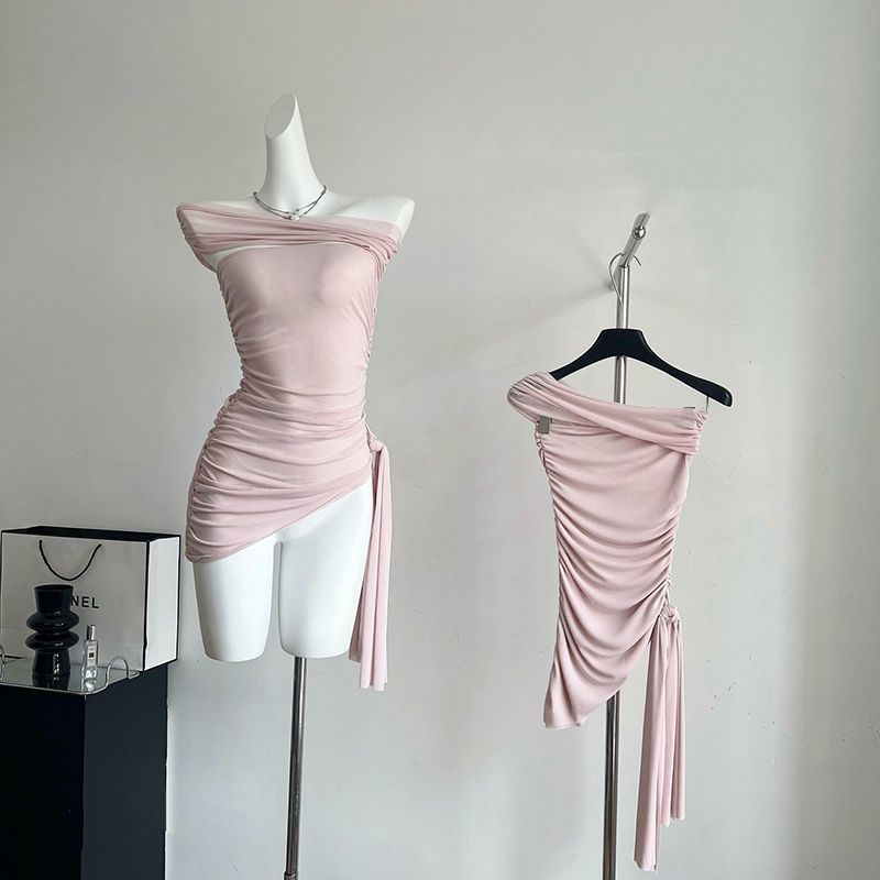 Milyfashion Mai Màu Hồng Một Vai Nhẹ Nhàng Nẹp Xếp Ly Off-Soulder Pure Desire Slim-Fit T Short Top Nữ
