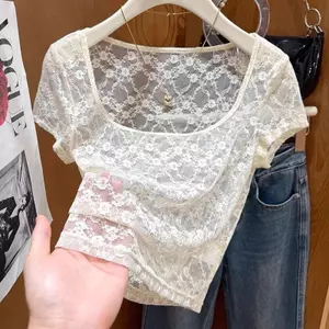 Áo sơ mi ren cao cấp kiểu Pháp nữ tay ngắn mùa hè Phong cách mới Pure Desire Style Hot Girl Hollow Top