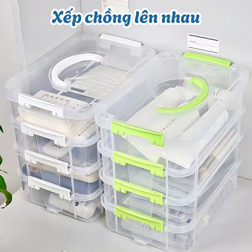 Combo 4 Hộp Nhựa Trong Suốt Có Nắp Đậy HomeMate Đựng Đồ Chơi, Mỹ Phẩm, Đồ Cá Nhân Kèm Quai Xách Tiện Lợi