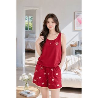 Đồ bộ mặc nhà nữ SUNFLY cotton compact  co dãn thoái mái áo sát nách quần sooc ST9409