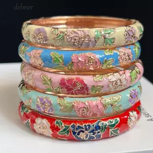 DELMER Hoa Mẫu Đơn Filigree Vòng Tay, Men Cloisonne Vòng Tay, Thủ Công Vintage Đôi Lắc Tay Truyền Thống Nữ Vòng Tay Trang Sức