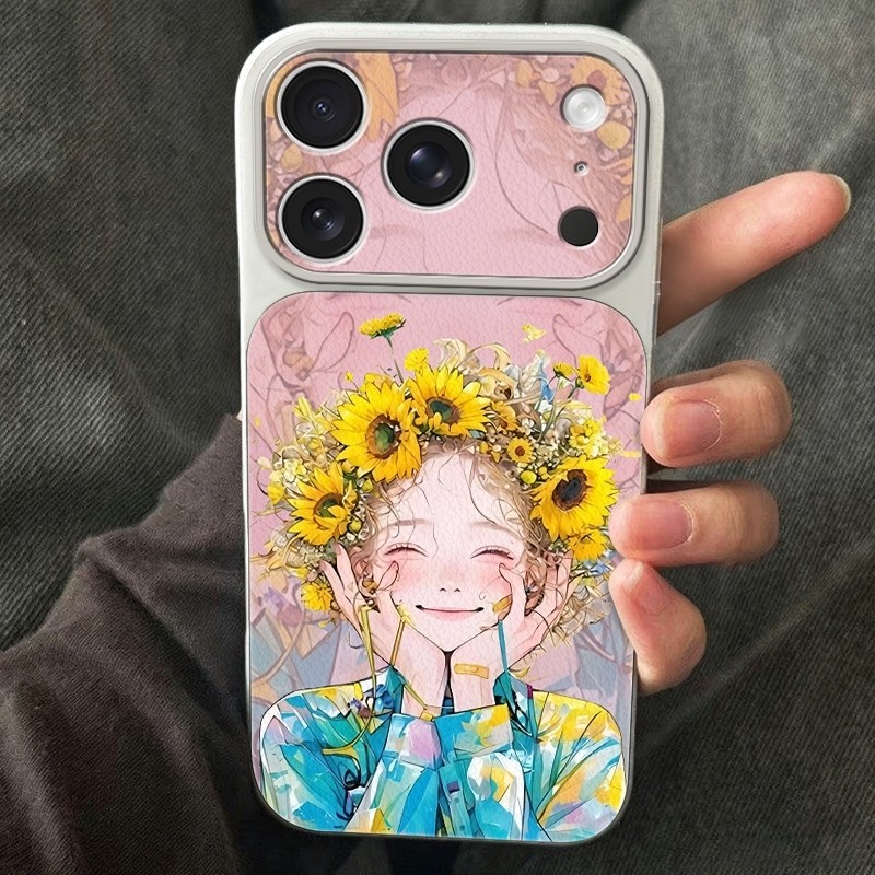 Ốp lưng cô gái vòng hoa hướng dương hồng phấn, chống sốc xinh hot cho nữ Camera Cấp iPhone 17/16/15/14/13/12/11/X/XS M
