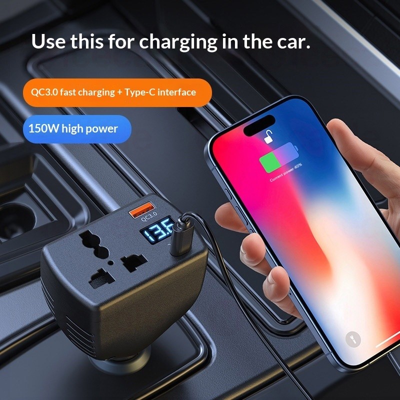 Biến tần thông minh ô tô đa chức năng 150W QC3.0 Giao diện USB / Type C sạc nhanh với màn hình kỹ thuật số thông minh 180° Sạc xe hơi xoay miễn phí