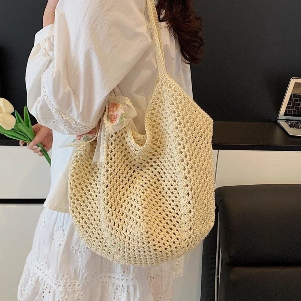 HOBBYIN Túi đeo vai nữ HOBBYIN, Túi đeo nách dệt kim rỗng, Thời trang thủ công với nơ ren Dung tích lớn Túi Tote móc đi biển mùa hè