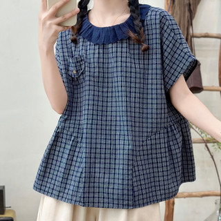 [Sẵn] Áo sơ mi nữ cổ ren cổ điển, caro, dáng rộng tay ngắn, vải cotton linen cao cấp