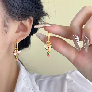 Retro Mới Phong Cách Trung Hoa Màu Nhỏ Giọt Men Bướm Mặt Dây Chuyền Bông Tai Thời Trung Cổ Tính Khí Bông Tai Hoa Tulip Hồng Bông Tai 2026-6-1