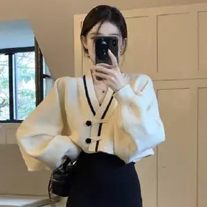 LUImo V Ne Màu Tương Phản Batwing Tay Áo Khoác Ngoài Sang Trọng Nút Áo Len Cardigan SBS