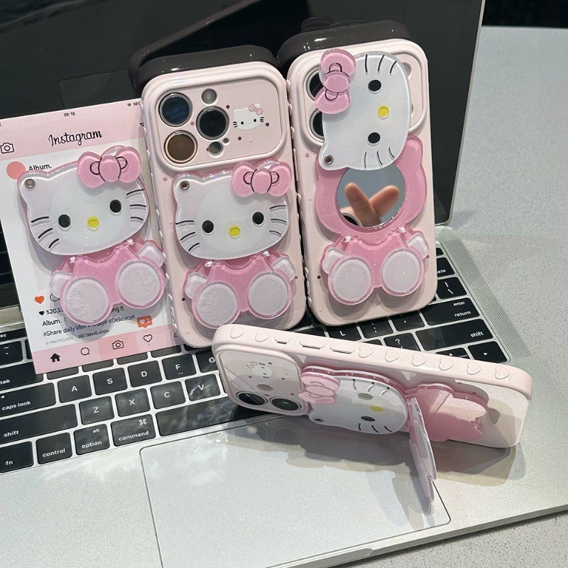 Ốp lưng gương trang điểm chấm bi Hello Kitty dễ thương iPhone Full Lens iP - 11/12/13/14/15/16/17/Plus/Air/Pro/Max