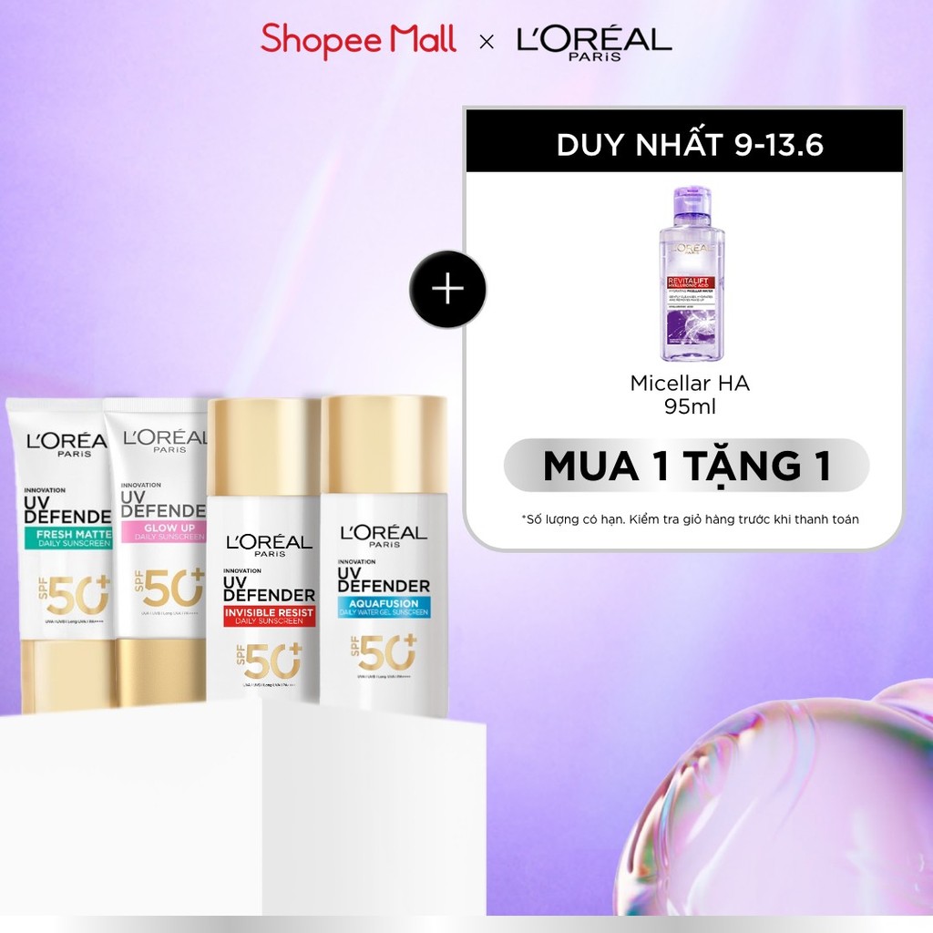 [CHỐNG NẮNG WATERGEL MỚI] Chống Nắng Phổ Rộng Thoáng Da, Kháng Mọi Tác Động UV Defender SPF 50+ PA++++ Loreal Paris 50ml