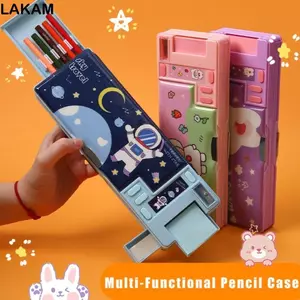 Hộp bút chì LAKAM, Bút chì thiết kế động vật / phi hành gia hai lớp, Dung tích lớn có máy tính Máy mài bút chì nhựa Dụng cụ sắp xếp văn phòng phẩm cho bé trai / bé gái
