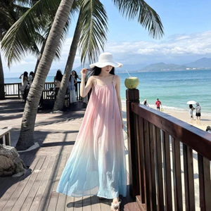 Váy dây đeo tuyệt đối đầy màu sắc, váy đi biển kỳ nghỉ trên đảo sang trọng nhẹ nhàng