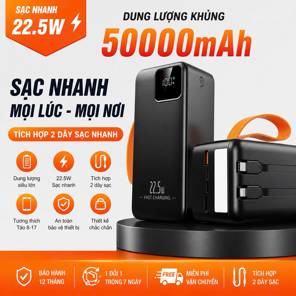 Sạc dự phòng 50000mAh Sạc Nhanh 22.5W Có Đèn Pin Chiếu Sáng Tích Hợp 2 Dây Type C/LN Màn Hình Led