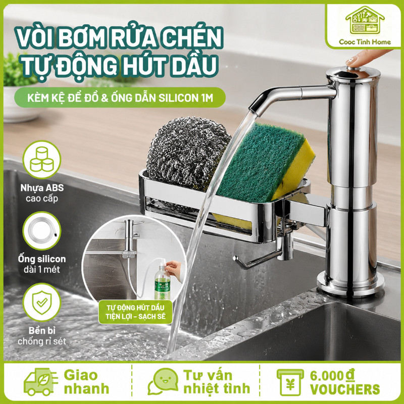 Vòi Bơm Rửa Chén Tự Động Hút Dầu - Kèm Kệ Để Đồ & Ống Dẫn Silicon 1.2m, Chất Liệu ABS Cao Cấp Bền Bỉ, Dễ Dàng Lắp Đặt