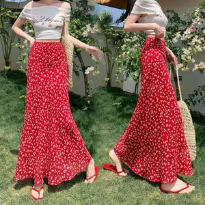 Váy đuôi cá Hàn Quốc màu đỏ lưng cao Retro Tính khí ngọt ngào Mùa hè Phong cách mới Váy ôm hơn