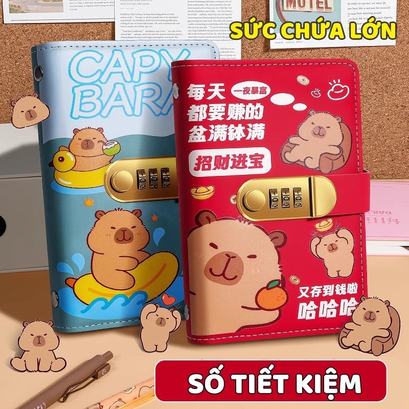 Sổ tiết kiệm đựng tiền Capybara bìa da PU khóa mật mã 100 trang quản lý chi tiêu cho bé người lớn