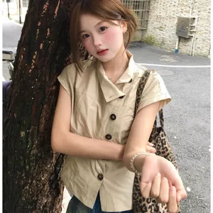 Áo sơ mi ngắn tay cổ điển Hàn Quốc dành cho nữ Mùa hè Thiết kế phong cách mới Cổ đứng ngắn Slim-Fit Sli