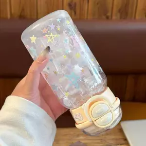 AA 600ml Sao Chai Nước Tumbler Cho Đá Cà Phê Nước ép Trà Nơ Dễ Thương Cốc Nhựa Có Nắp Ống Hút Chai Uống Di Động VN