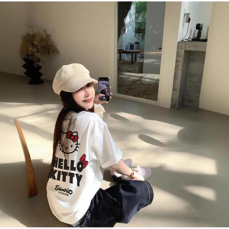 （Giao hàng 24h）Angela Áo Hello Kitty áo phông cotton, form suông rộng phong cách trẻ trung -Top women, Women's T-shirts