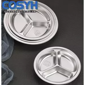 <cosyh>304 Stainless Steel Round Compartment Plate Food Tray with Spoon Fork for school