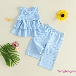 Bộ trang phục 2 món dành cho bé gái tập đi Áo ngực có nút xù + Bộ quần thun