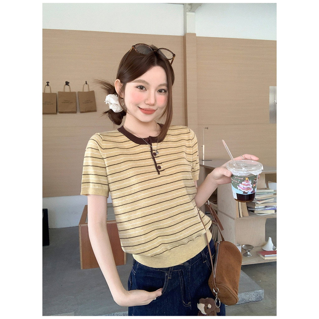 SUXI Áo thun dệt kim ngắn tay cổ tròn sọc nhẹ nhàng mùa hè mới dành cho nữ 260523
