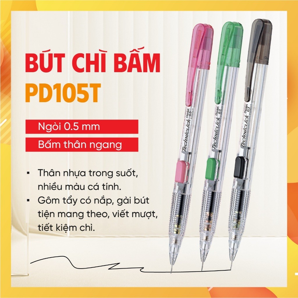 Bút chì kim Pentel bấm thân giữa PD105T/ PD107T ngòi 0.5/0.7mm viết êm mượt