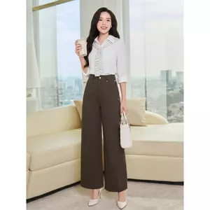 Quần dài nữ CARDINA chất liệu chéo XHS cạp cao ống suông túi ốp trước 6QDT17