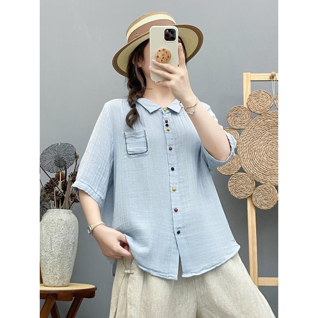 [Hàng có sẵn] Áo sơ mi nữ Cotton cao cấp dáng rộng tay ngắn, nút màu