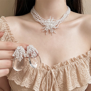 Vòng cổ tua rua hoa pha lê nhiều lớp kiểu Pháp có bông tai giọt nước