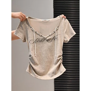 Mỹ Retro Hot Girl Ngắn Slim-fit Slimmer Nhìn Ngắn Tay Áo Thun Nữ Xếp Ly Cong In Hình Tether Top 5.26