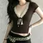 Hot Girl Pure Desire Ren khâu màu tương phản Áo thun cổ chữ V có dây cổ chữ V Retro Slimmer Look Top